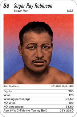 Boxen, Volume 1, Karte 5c, USA, Sugar Ray Robinson, Illustration: Elsa Klever. Boxen, Volume 1, Karte 5c, USA, Sugar Ray Robinson, Illustration: Elsa Klever.