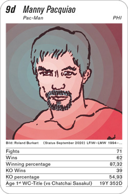 Boxen, Volume 1, Karte 9d, FRA/HUN/SUI/PHI, Manny Pacquiao, Illustration: Roland Burkart.