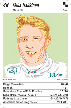 Formel 1, Volume 1, Karte 4d, FIN, Mika Häkkinen, Illustration: Rina Jost.