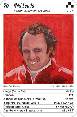 Formel 1, Volume 1, Karte 7c, AUT, Niki Lauda, Illustration: Res Zinniker. Formel 1, Volume 1, Karte 7c, AUT, Niki Lauda, Illustration: Res Zinniker.