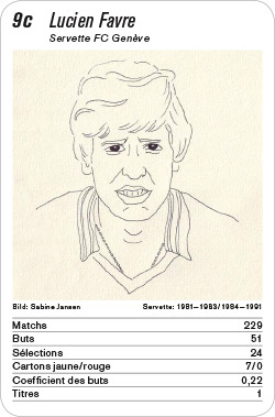 Fussball, CH, Karte 9c, Servette FC Genève, Lucien Favre, Illustration: Sabine Jansen.