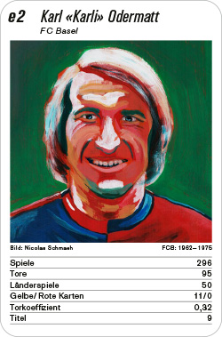 Fussball, CH, Karte e2, FC Zürich/FC Basel/Grasshopper Club Zürich/BSC Young Boys, Karl „Karli“ Odermatt, Illustration: Nicolas Schmaeh.
