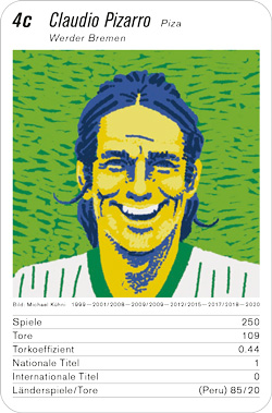 Fussball, DE.1, Karte 4c, Werder Bremen, Claudio Pizarro, Illustration: Michael Kühni.