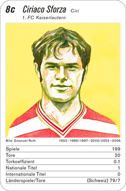 Fussball, DE.2, Karte 8c, 1. FC Kaiserlaurtern, Ciriaco Sforza, Illustration: Emanuel Roth.
