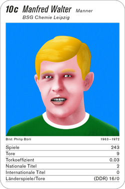 Fussball, DE.2, Karte 10c, BC/FC Augsburg/1860 München/BSC Chemie Leipzig/Karlsruher SC, Manfred Walter, Illustration: Philip Bürli.