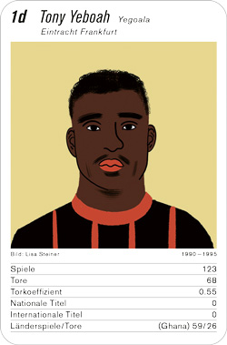 Fussball, DE.2, Karte 1d, Eintracht Frankfurt, Tony Yeboah, Illustration: Lisa Steiner.