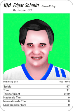 Fussball, DE.2, Karte 10d, BC/FC Augsburg/1860 München/BSC Chemie Leipzig/Karlsruher SC, Edgar Schmitt, Illustration: Philip Bürli.