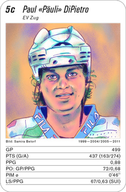 Eishockey, Volume 2, Karte 5c, EV Zug, Paul DiPietro, Illustration: Samira Belorf.