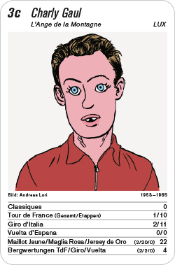 Radsport, Volume 1, Karte 3c, LUX, Charly Gaul, Illustration: Andreas Lori.
