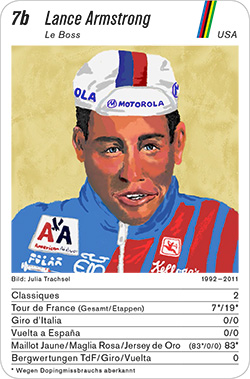Radsport, Volume 2, Karte 7b, USA/AUS, Lance Armstrong, Illustration: Julia Trachsel.