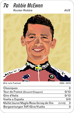 Radsport, Volume 2, Karte 7c, USA/AUS, Robbie McEwen, Illustration: Julia Trachsel.