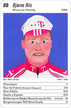 Radsport, Volume 2, Karte 9b, COL/DAN/SVK, Bjarne Riis, Illustration: Malin Widen.