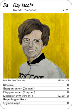 Radsport, Volume 4, Karte 5a, LUX/ESP/SWE, Elsy Jacobs, Illustration: Eva Jane Wottreng.