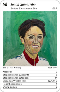 Radsport, Volume 4, Karte 5b, LUX/ESP/SWE, Joane Somarriba, Illustration: Eva Jane Wottreng.