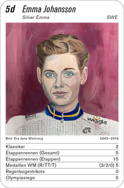 Radsport, Volume 4, Karte 5d, LUX/ESP/SWE, Emma Johansson, Illustration: Eva Jane Wottreng.