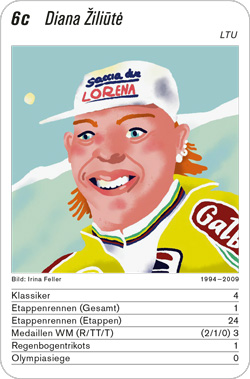 Radsport, Volume 4, Karte 6c, LTU/BLR/UZB, Diana Žiliūtė, Illustration: Irina Feller.