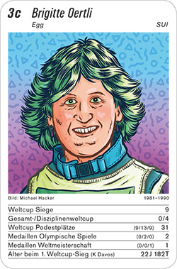 Ski Alpin, Volume 1, Karte 3c, SUI, Brigitte Oertli, Illustration: Michael Hacker. Ski Alpin, Volume 1, Karte 3c, SUI, Brigitte Oertli, Illustration: Michael Hacker.