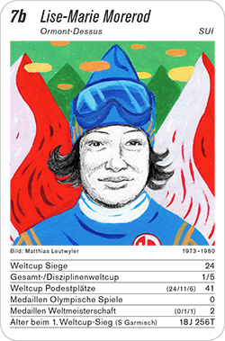 Ski Alpin, Volume 1, Karte 7b, SUI, Lise-Marie Morerod, Illustration: Matthias Leutwyler. Ski Alpin, Volume 1, Karte 7b, SUI, Lise-Marie Morerod, Illustration: Matthias Leutwyler.