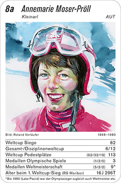 Ski Alpin, Volume 1, Karte 8a, AUT, Annemarie Moser-Pröll, Illustration: Roland Vorlaufer.