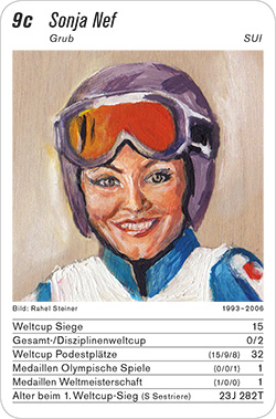 Ski Alpin, Volume 1, Karte 9c, SUI, Sonja Nef, Illustration: Rahel Steiner. Ski Alpin, Volume 1, Karte 9c, SUI, Sonja Nef, Illustration: Rahel Steiner.