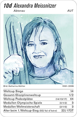 Ski Alpin, Volume 1, Karte 10d, AUT, Alexandra Meissnitzer, Illustration: Katharina Hüttler.