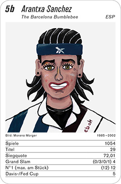 Tennis, Volume 1, Karte 5b, ESP/SRB, Arantxa Sanchez, Illustration: Moreno Morger. Tennis, Volume 1, Karte 5b, ESP/SRB, Arantxa Sanchez, Illustration: Moreno Morger.