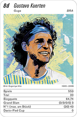 Tennis, Volume 1, Karte 8d, BRA/ARG, Gustavo Kuerten, Illustration: Evgeniya Hitz.