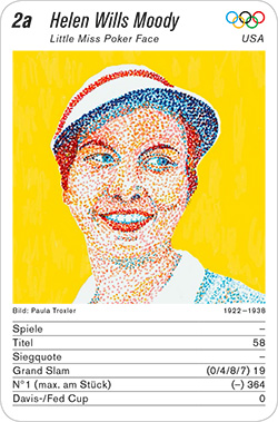 Tennis, Volume 1, Karte 2a, USA, Helen Wills Moody, Illustration: Paula Troxler.